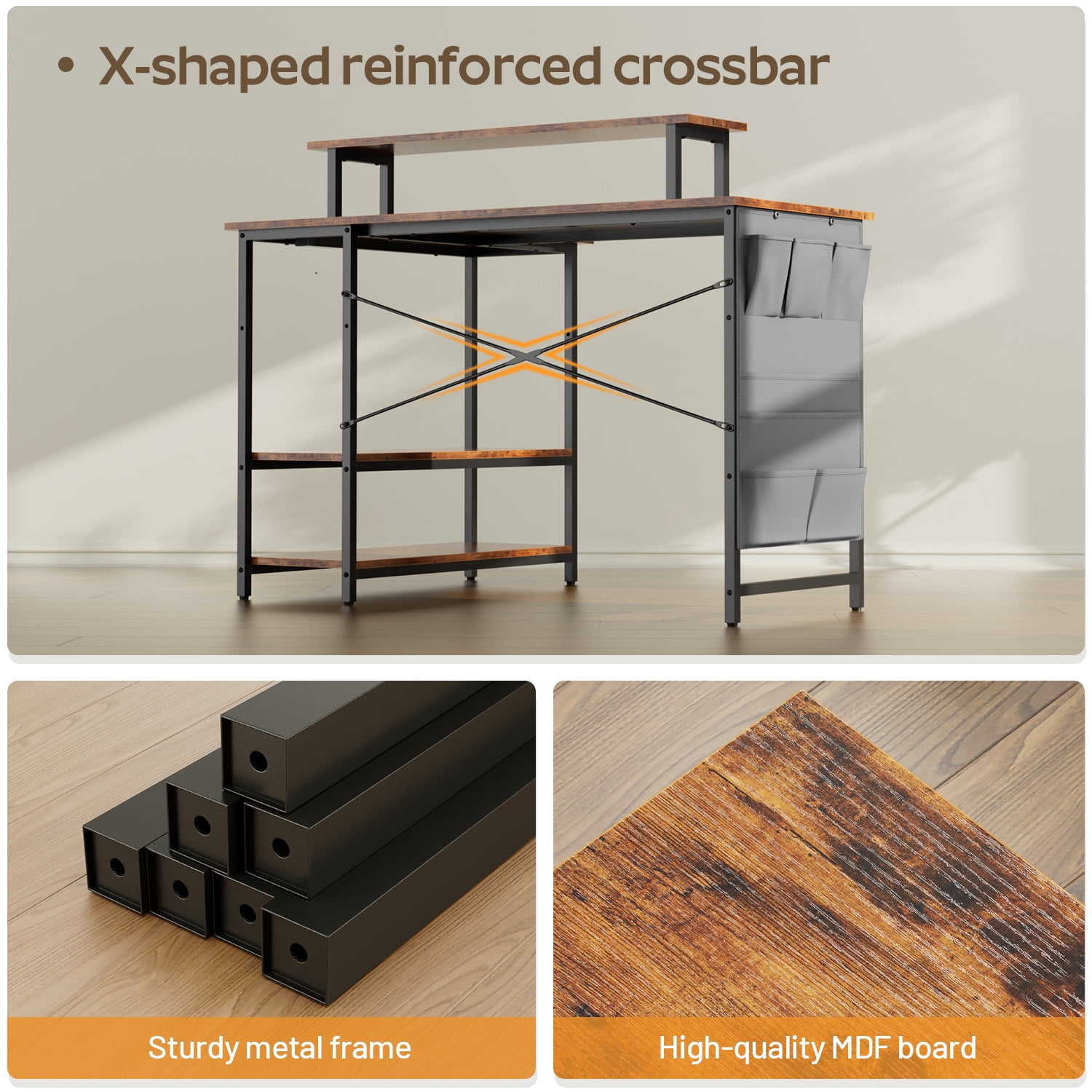 HLDIRECT 43 Inch L Shaped Computer Desk with Power Outlet, Gaming Corner Desk with LED Lights, Home Office Table with Storage Shelves & Monitor Stand, Rustic Brown