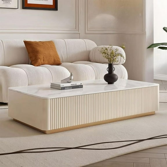 51.2" Modern Coffee Table with Storage, Rectangle Sintered Stone Coffee Table with 4 Drawers and Gold Base