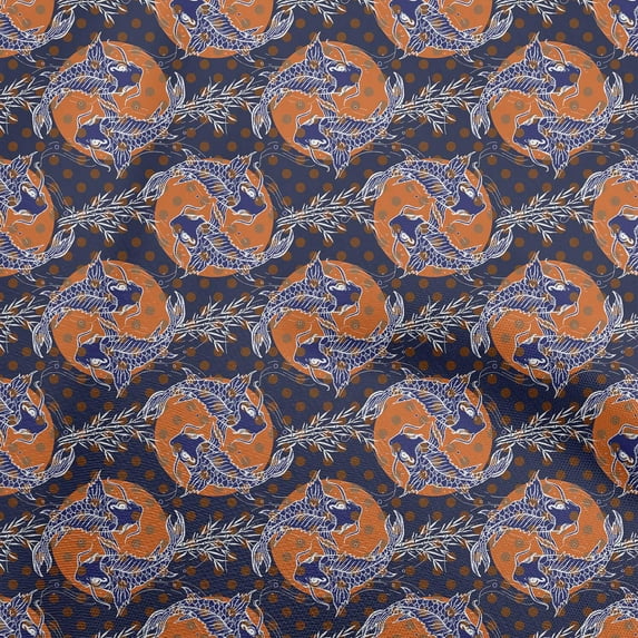 oneOone Cotton Poplin Dark Blue Fabric Asian Japanese Koi Fish Fabric For Sewing Printed Craft Fabric By The Yard 42 Inch Wide