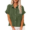 thumbnail image 3 of nerohusy Button Down Linen Shirts for Women Summer Ruffle Hem Cropped Tops Beach Casual Vacation Short Sleeve Blouses,Army Green,XL, 3 of 10