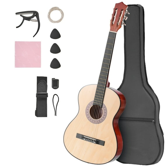 KFFKFF 38-Inch Classical Guitar Starter Kit, Wooden Acoustic Guitar with Nylon Strings, Gig Bag, Strap, Tuner, Extra Strings, Pick, Capo, Ideal for Beginners, Teens, Adults, and Students