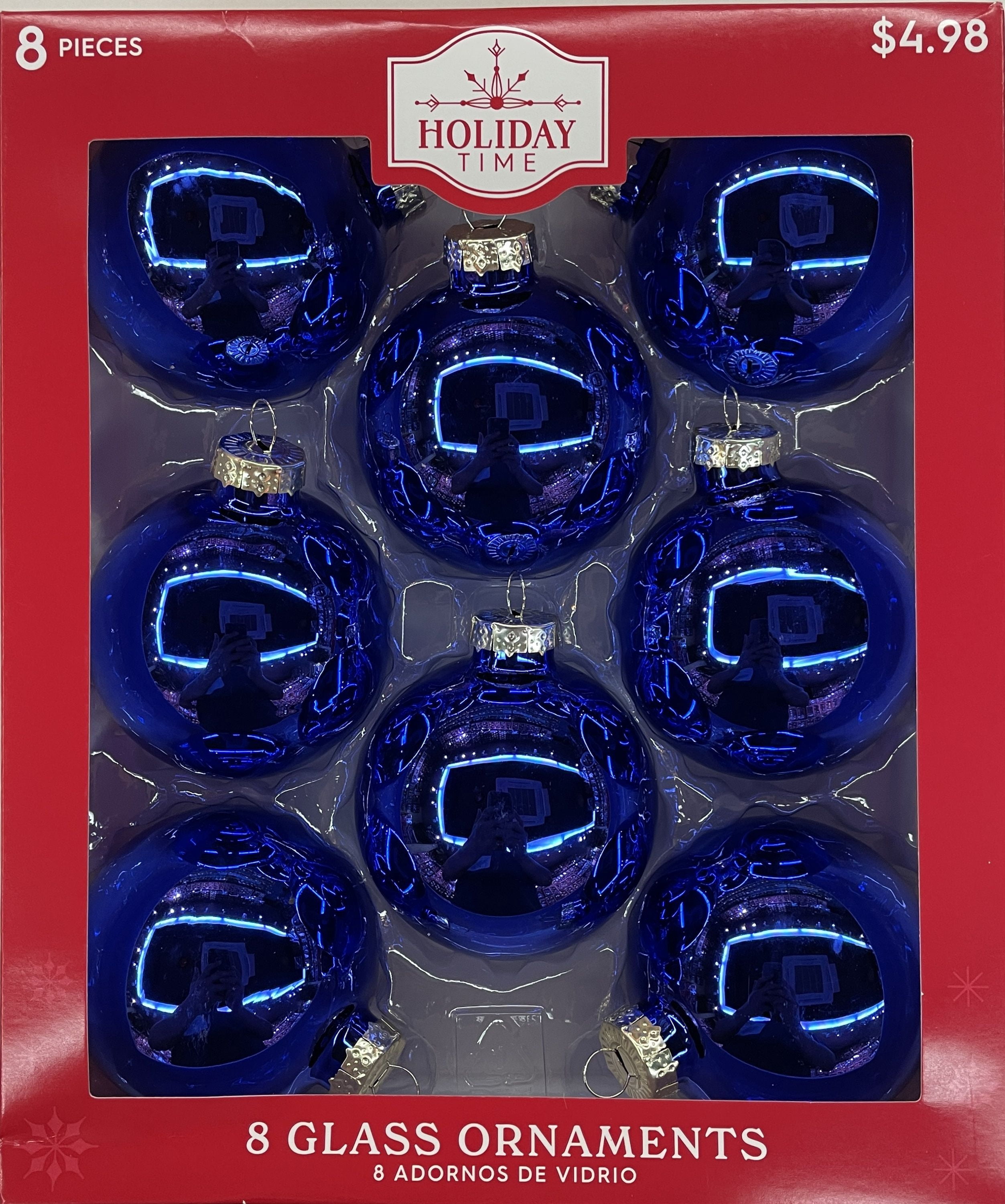 Holiday Time Christmas Solid Styles Glass Ball Ornaments, 2 5/8" (67MM), 8 Count, Boxed Glass, Blue/Silver