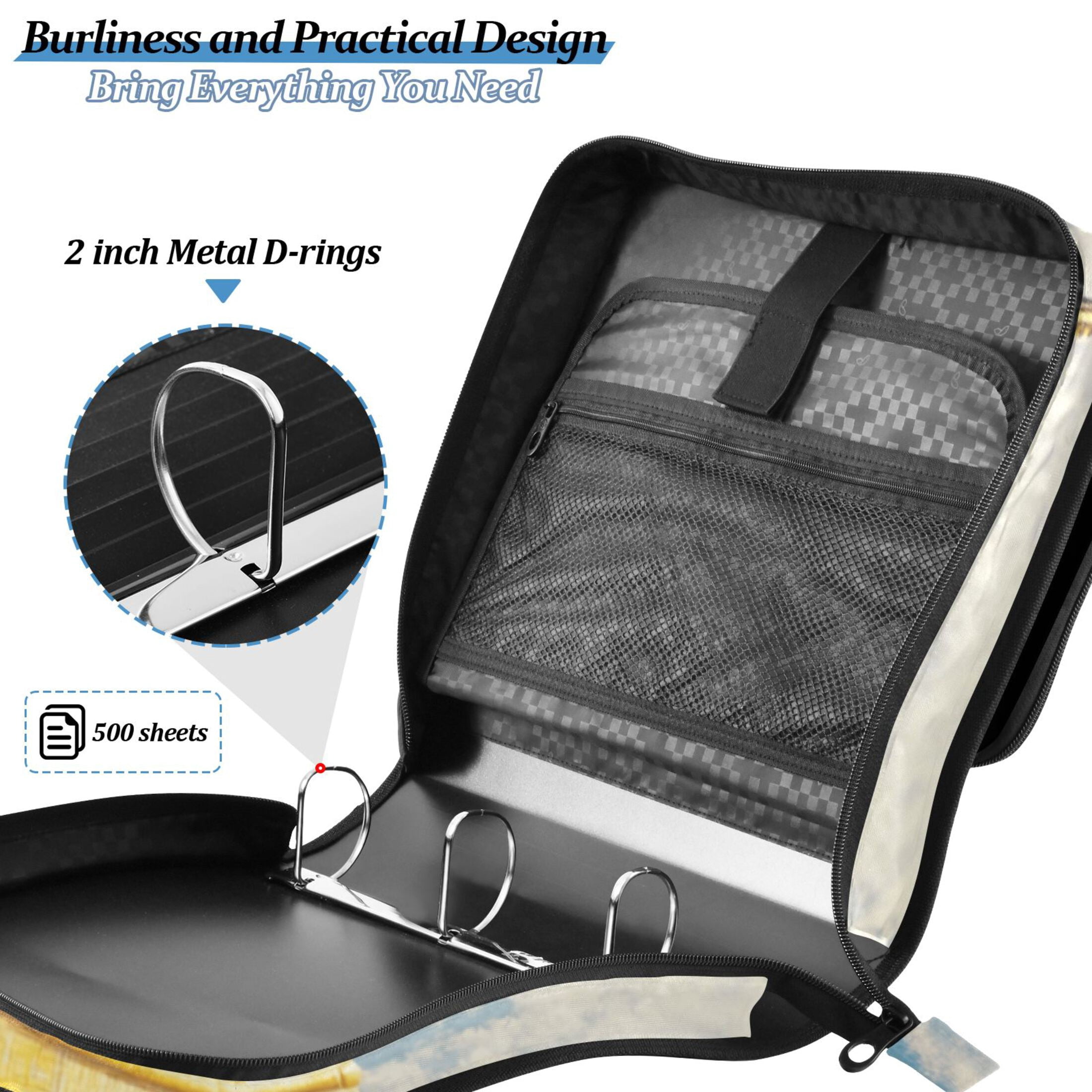 3 Ring Zipper Binder with Shoulder Strap Waterproof Trapper Keeper 2 Inch D-Ring 500 Sheets Capacity Bus on Lake