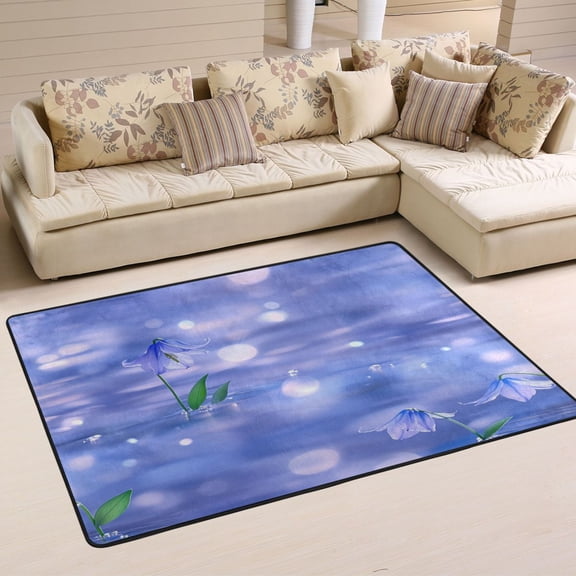 Non-Slip Area Rug 36"x24" Indoor Washable Floor Mats Carpet Printed for Living Room, Bedroom, Home Decor Small Bluebells with Green Leaves