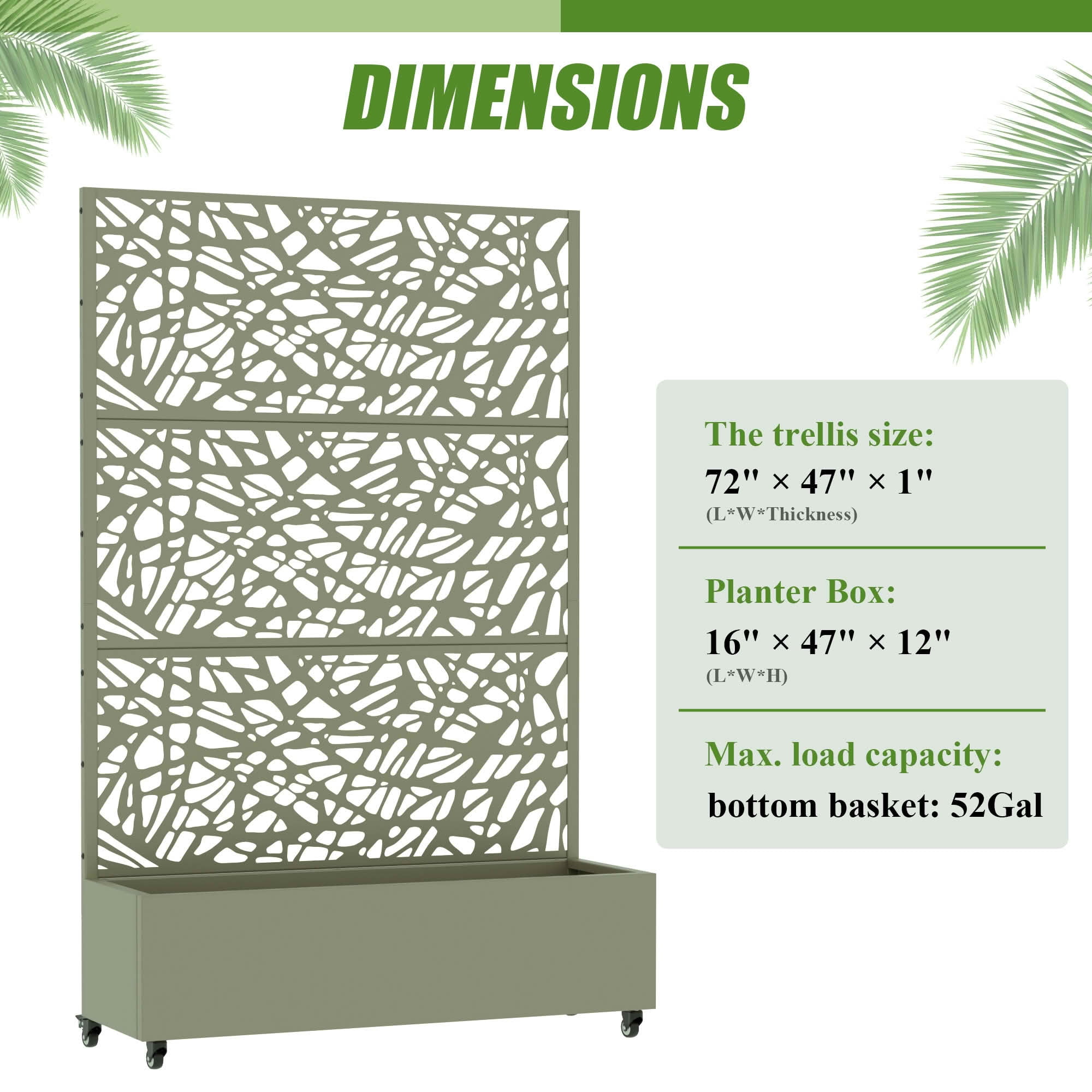 MAYEERTY 72X47" Metal Outdoor Olive Gray Privacy Screen with Planter Box for Backyard & Garden, 3 Piece Set