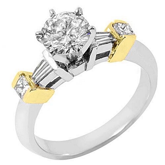 14k White & Yellow Gold 1.50 Carats Round Princess & Baguette Cut Diamond Engagement Ring