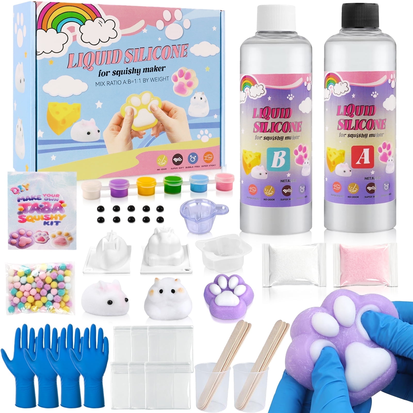 CandWuom DIY Squishy Making Kit, 18oz Liquid Silicone 1:1 AB Ratio Epoxy Resin Mix for Squishies, Molds Cat Claw, Hamster, Rabbit, Gifts for Boys & Girls