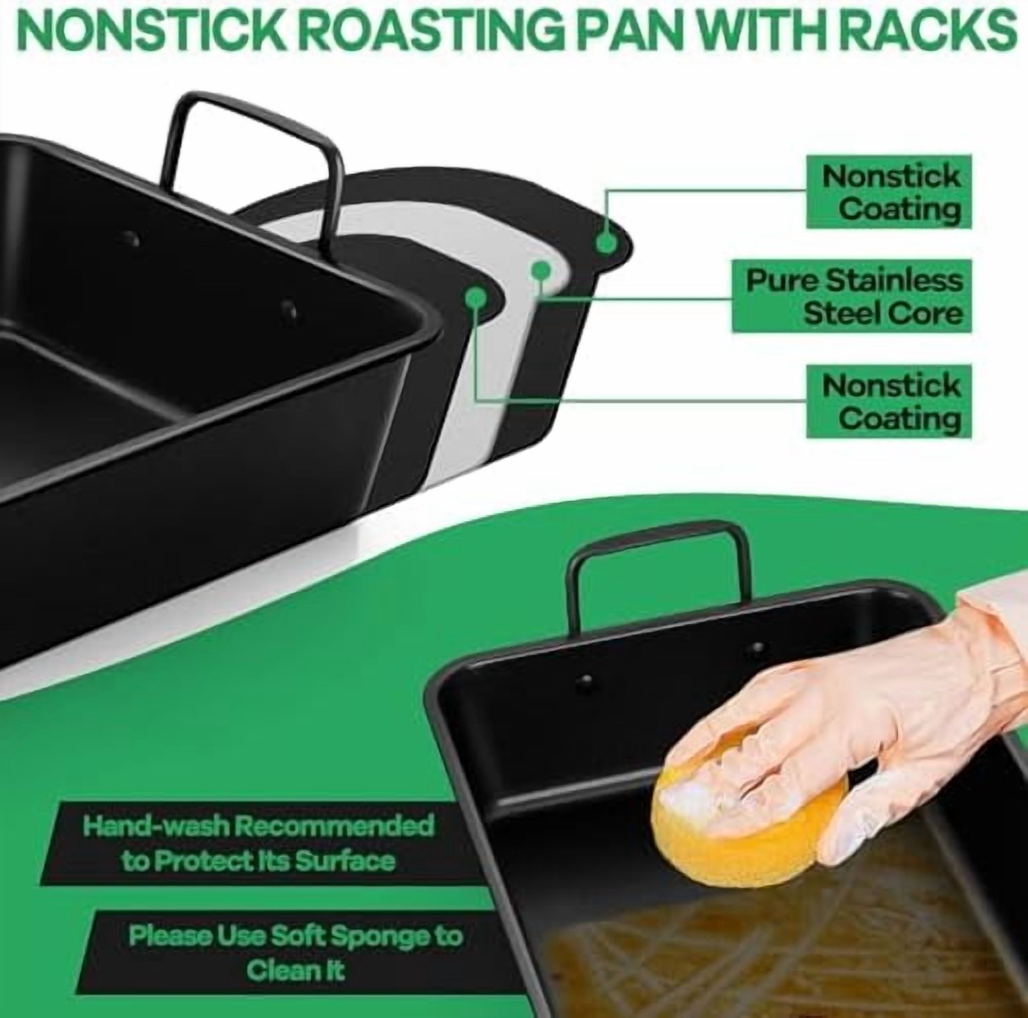 14" Roaster Roasting Pan with Baking Rack and V-shaped Rack, Stainless Steel Rectangular Lasagna Pan with Handles for Turkey Chicken, Healthy & Dishwasher Safe, 3 Pieces, Black