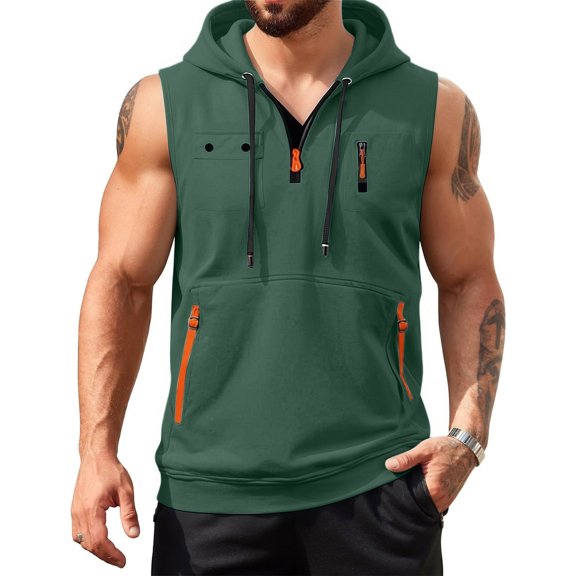 Dresfit Mens Tank Tops Sleeveless Zip Up Hoodie Drawstring Quarter Zip Workout Sweatshirt 2026 Summer Muscle Fit Oversized Oversized Vintage T Shirts Dark Green L