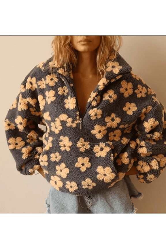 Women's Fall Cute Floral Faux Fur Pullover Fleece Sweatshirt Casual Zip Up Winter Sherpa Jacket
