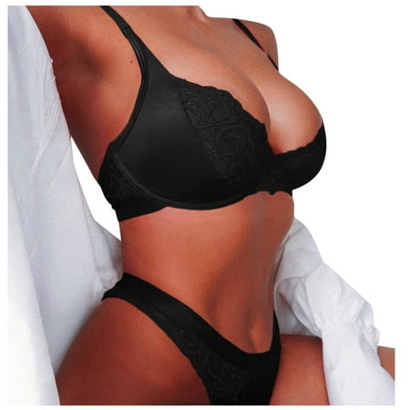 

FRSASU Bras Clearanc Women Lingerie Lace Flowers Push Up Top Bra Pants Underwear Set Sleepwear Black L(L)