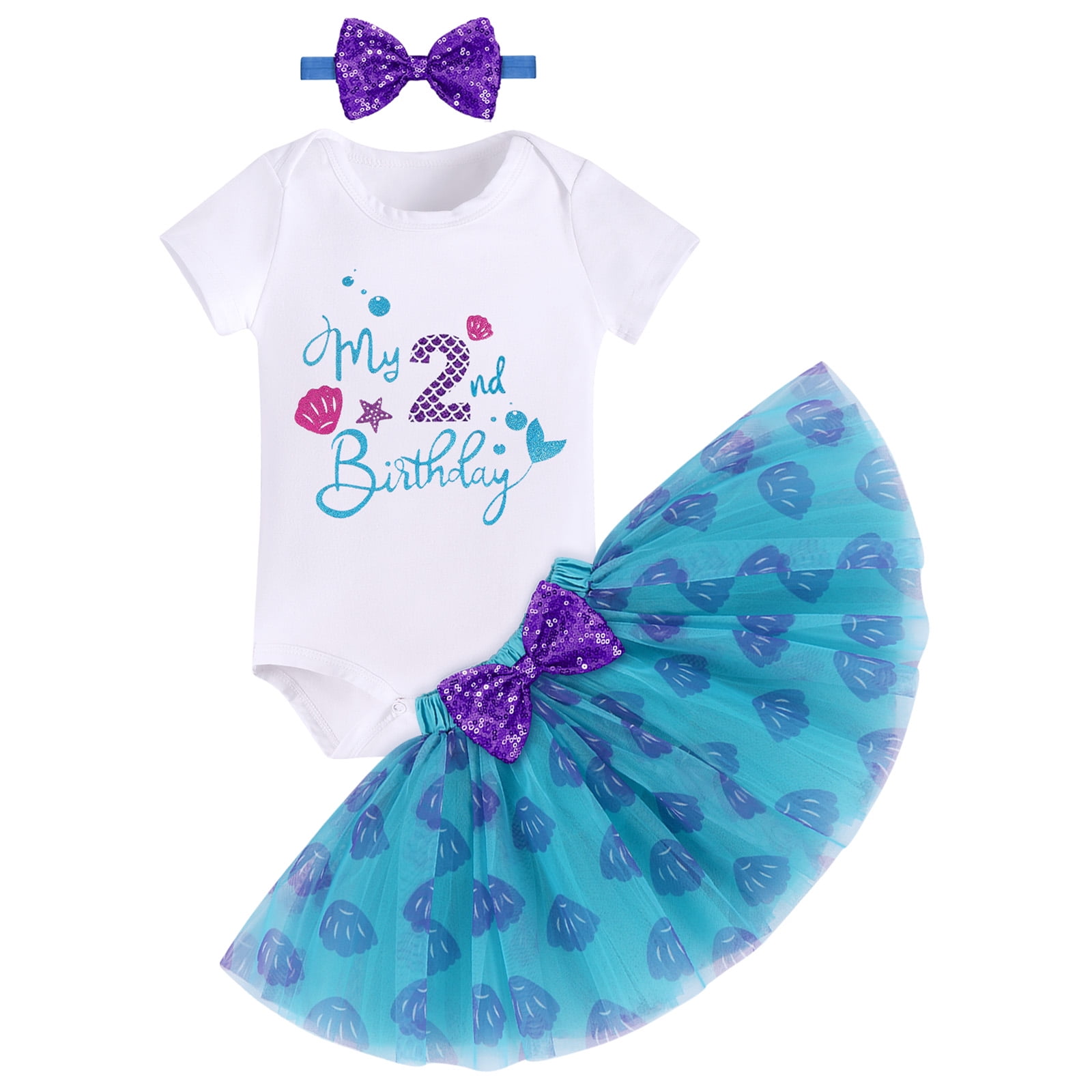 IBTOM CASTLE Toddler Baby Girls Mermaid 1st Birthday Outfit Princess Romper + Tutu Skirt + Shiny Bowknot Headband Cake Smash Clothes Set, 3-Piece