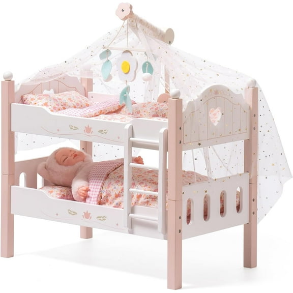 Robud 18" Doll Bunk Bed Baby Doll Beds Wooden Doll Cribs Cradle for 18 Inch Dolls Furniture Toy with Bedding,Fits Girls Dolls Bed,Pink