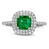 2.25 Carat Green Emerald 6mm Princess Cut Moissanite Diamond Double Halo Engagement Ring in 10k White Gold