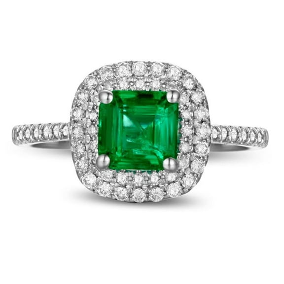 2.25 Carat Green Emerald 6mm Princess Cut Moissanite Diamond Double Halo Engagement Ring in 10k White Gold