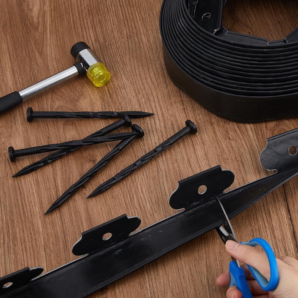 PET Landscape Edging Garden Border with Anchoring Spike Nails Black 43.5x45.5mm Hole: 10mm