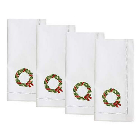 Fennco Styles Holiday Cotton Embroidered Wreath 20 Inch Square Dinner Napkins, Set of 4