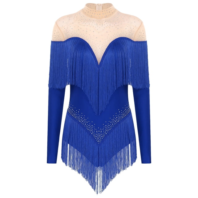 Alvivi Justaucorps de Danse pour Femmes Manches Longues Patchwork en Maille avec Strass Robe de Danse Latine Tango Bleue S