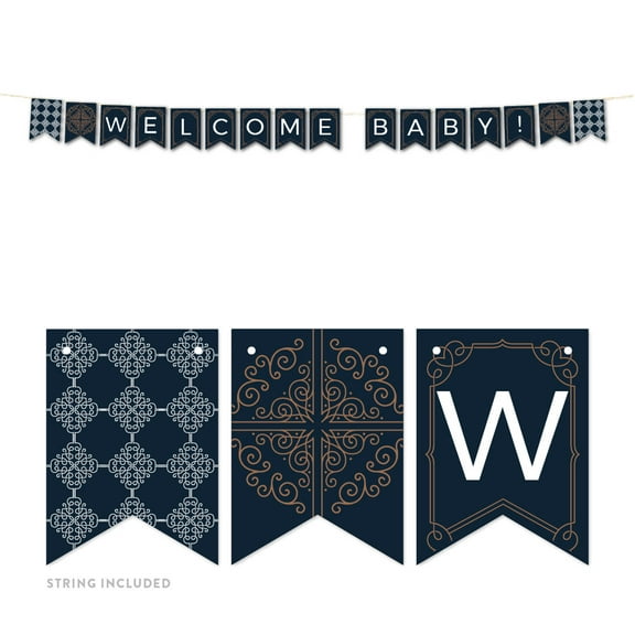 Navy Blue Art Deco Vintage Party Baby Shower, Welcome Baby!, 5-Feet Hanging Pennant Party Banner with String
