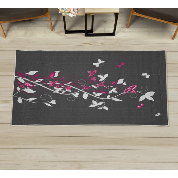 Spring Decorative Rug, Violet Tree Swirling Persian Lilac Blooms with Butterfly Ornamental Plant Graphic, Quality Carpet for Bedroom Dorm and Living Room, 6 Sizes, Charcoal Grey, by Ambesonne