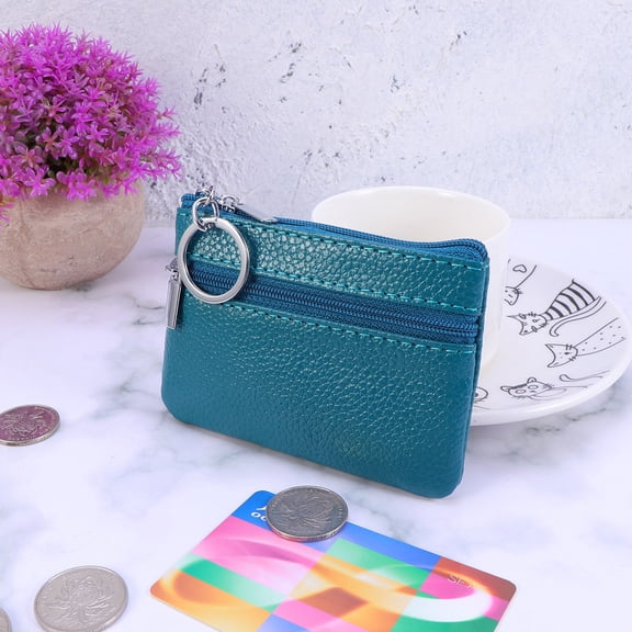 WASHWEPE Zippered Blue Leather Rectangular Coin Purse 1Pack for Women Travel Use