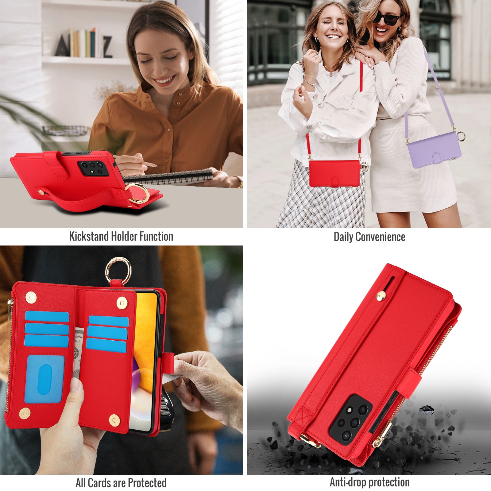 ELEHOLD For Samsung Galaxy A53 5G Phone Case Leather Crossbody Zipper Card Wallet Flip Case Kickstand Cover, with Ring Holder,Full Body Protection-Red