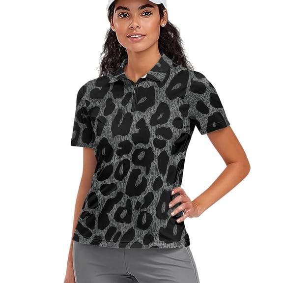 Whosucclay Black Grey Leopard Print Quick Dry Polo Shirts, Polyester Tennis Short Sleeved Shirt Lightweight Breathable Tennis Shirts for Golf Exercise Outdoor Activities Size X-Small