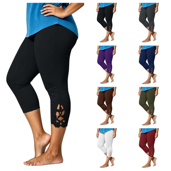 vzibsiv Women Capri Yoga Pants with Lace Trim Black High Waist Plus Size Pants for Work Size 3XL