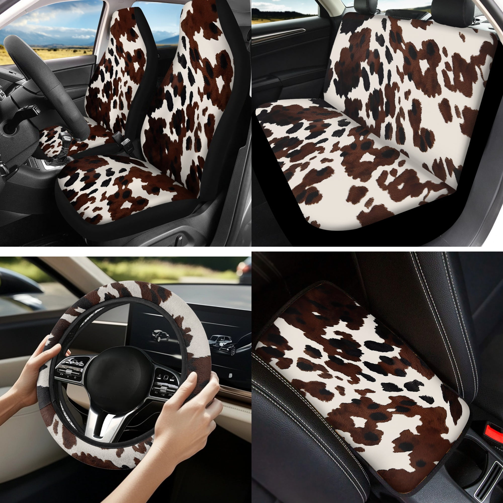 Jeiento Brown Cow Print 13 PCS Car Seat Cover Full Set with Auto Steering Wheel Cover Seat Belt Strap Pads Cup Coasters Armrest Pad Keychains Chapstick Holder Universal Fit Easy Install