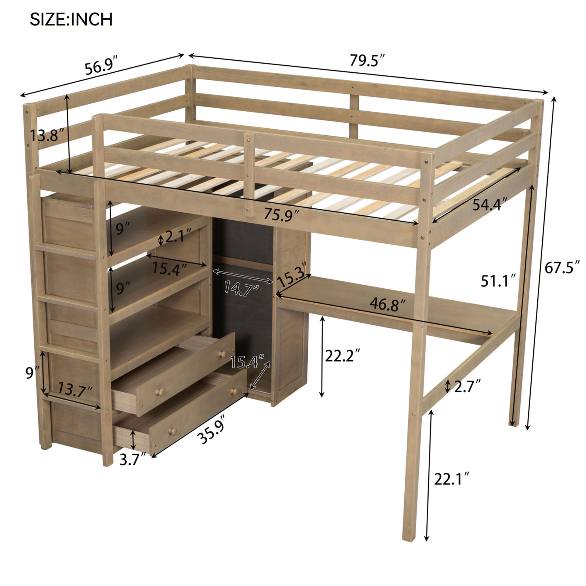 Euroco Wood Full Size Loft Bed with Desk and Wardrobe, Storage Shelves and Bookcase for Kids Teens, Walnut