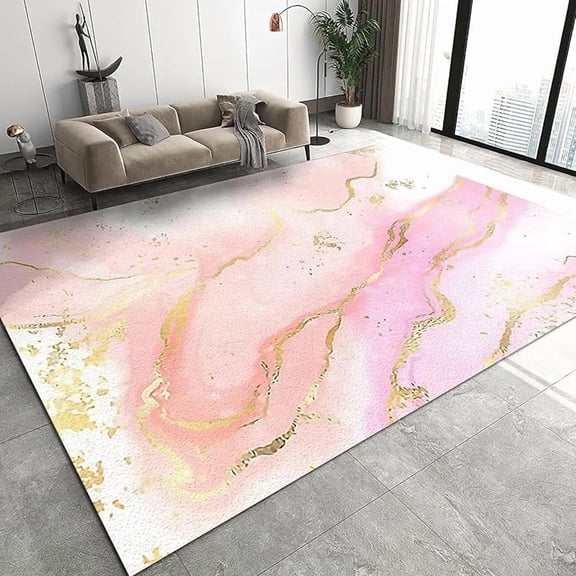 Fashionable Marble Pink Area Rug, Luxury Golden Texture Non Slip Stain Resistant Print Rugs, Soft Machine Washable Carpet for Indoor Bedroom Living Room Office Decor Rug 5 x 6ft
