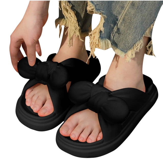 Slides for Women Flat Cross Straps Bow Thick Sole Non Slip Comfortable Beach Summer PVC Sandals Black