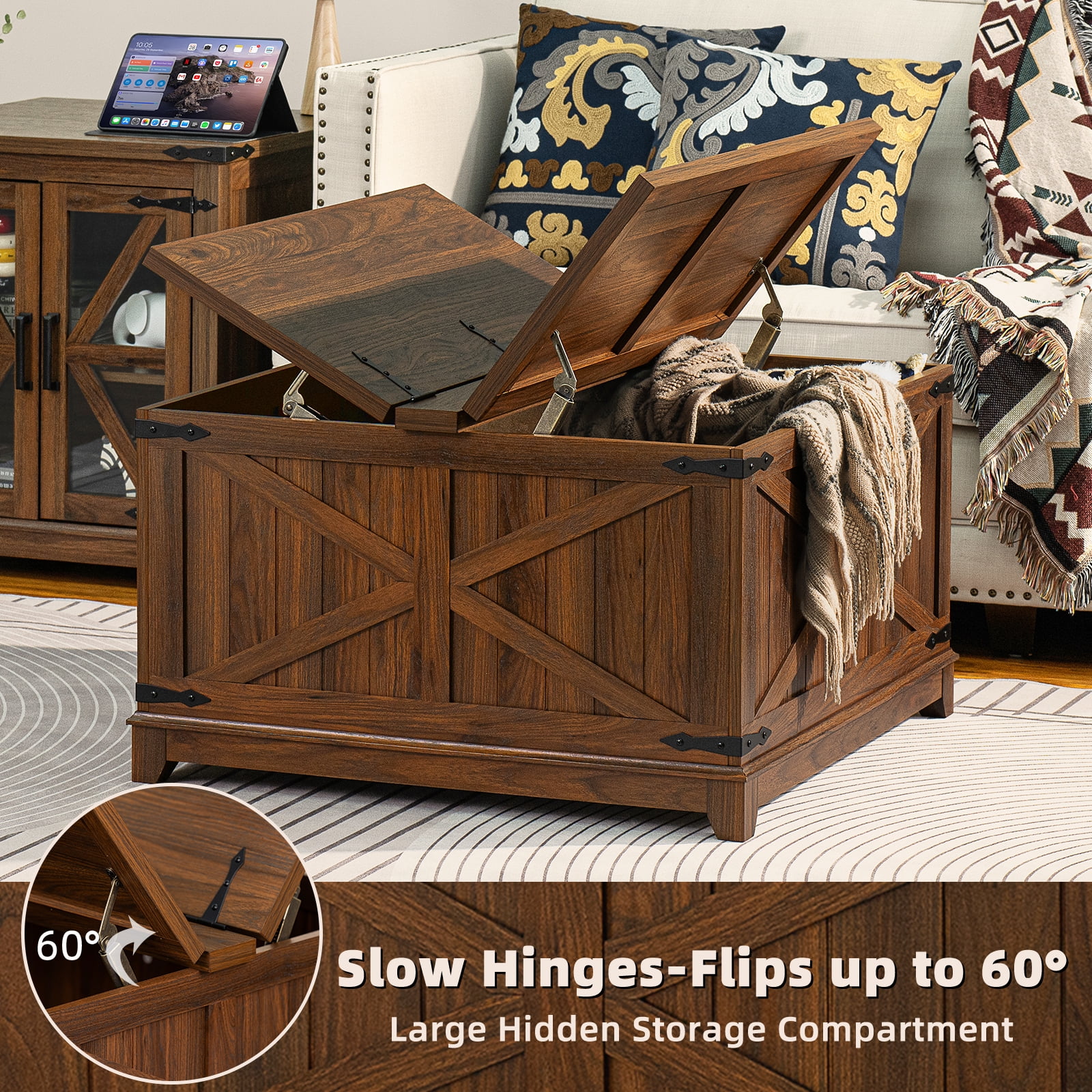 Farmhouse 3-Piece Living Room Set, Coffee Table with Hidden Storage Organizer & Nightstands with Charging Station, for Home, Office