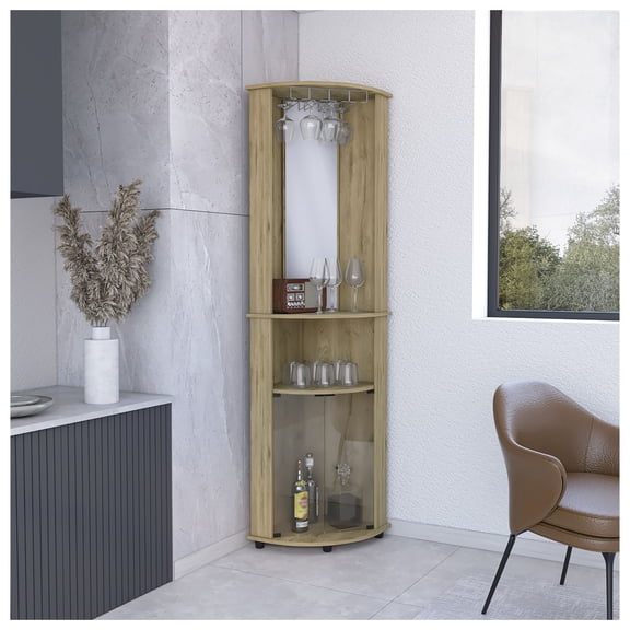 Chicago 75" H Mirrored Corner Bar Cabinet, Glass Doors, 2 Shelves & Stemware Rack, Macadamia Finish