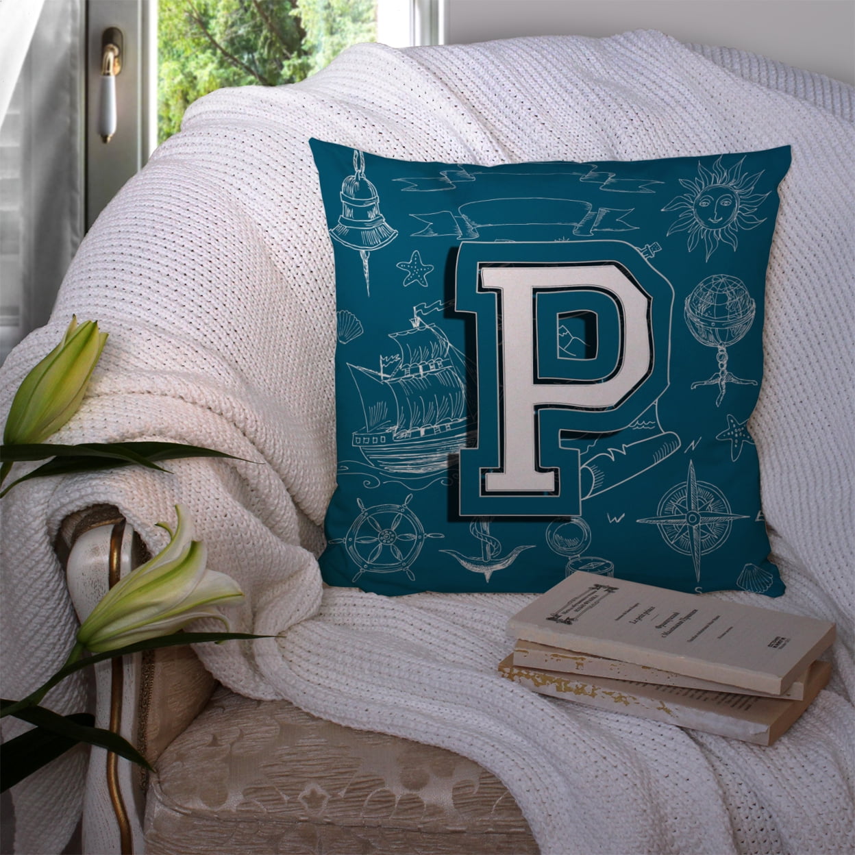 Carolines Treasures CJ2014-PPW1414 Letter P Sea Doodles Initial Alphabet Canvas Fabric Decorative Pillow 14Hx14W