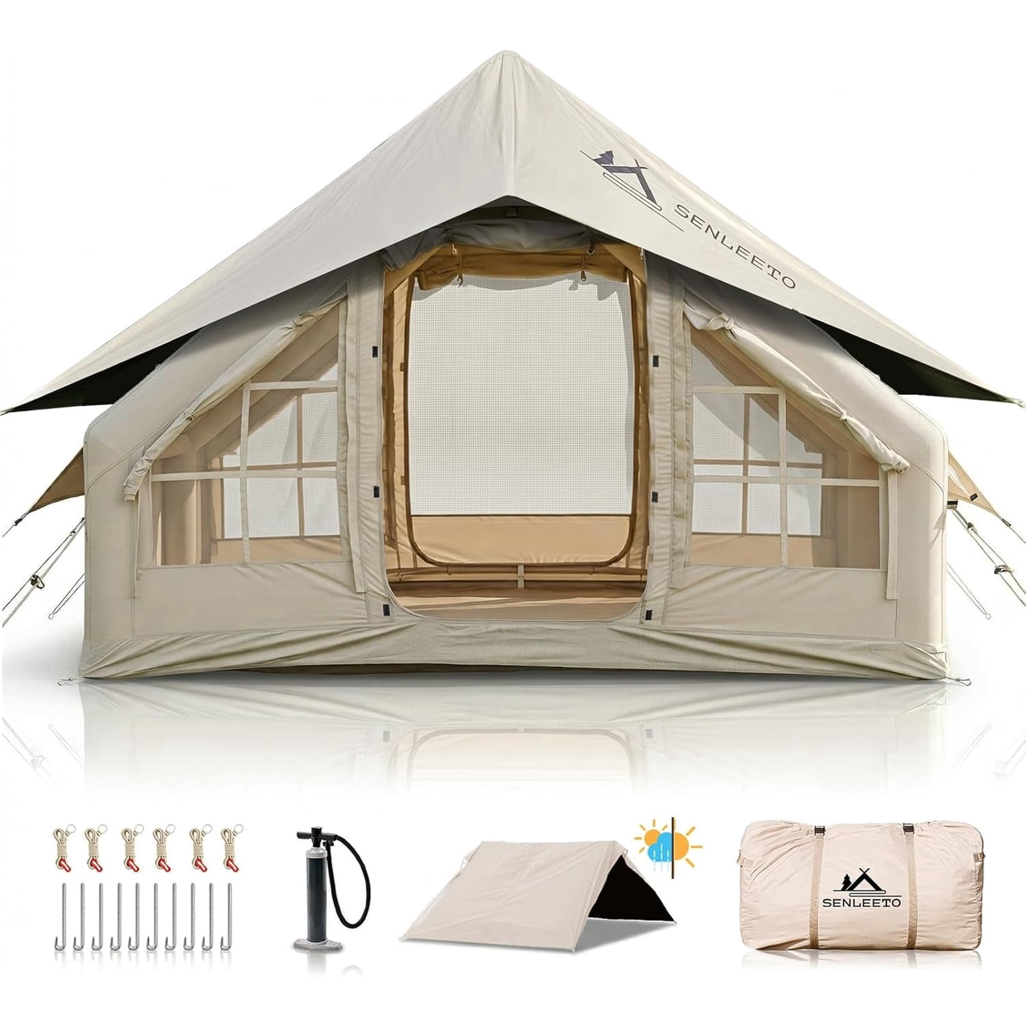 9.8' x 7' Inflatable Camping Tent,4 Season Blow up Tents for Camping, 4-6 Person Inflatable Tent with Stove Jack,Air Tents,Glamping Tent,Waterproof Luxury House with Mesh Window