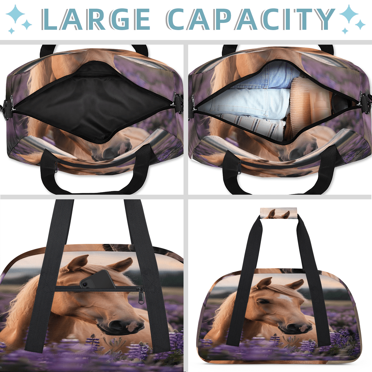 Herdesigns Horse Floral Sports Duffle Bag for Women & Men, Gym Bag Dance Bag Overnight Bag Carry On Weekender Travel Bag