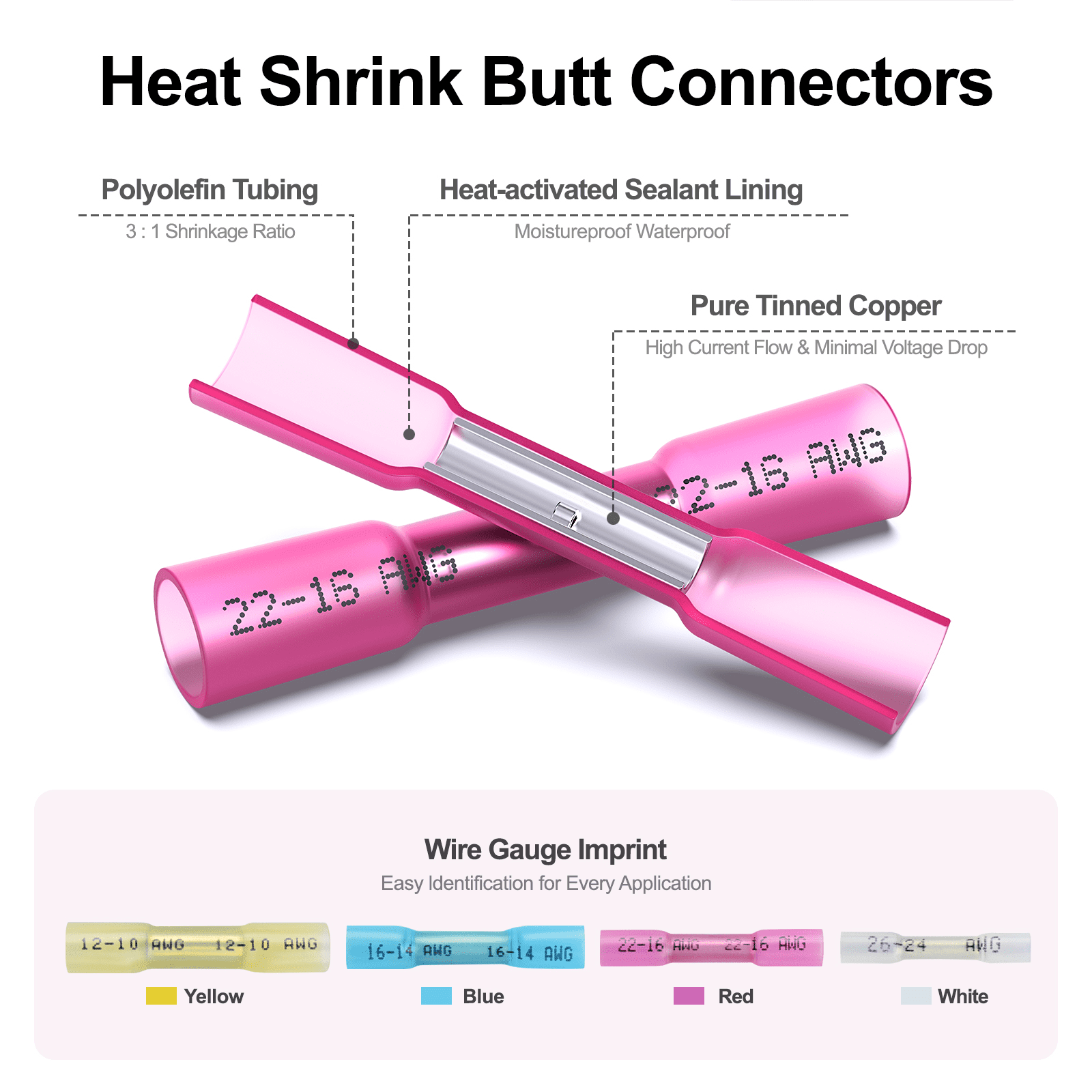 Jinzaaly Heat Shrink Butt Connectors, Insulated Waterproof Electrical Marine Automotive Tinned Copper Wire Crimp Terminals, Butt Splice for Boat Truck Stereo Joint (16-14AWG-500PCS)