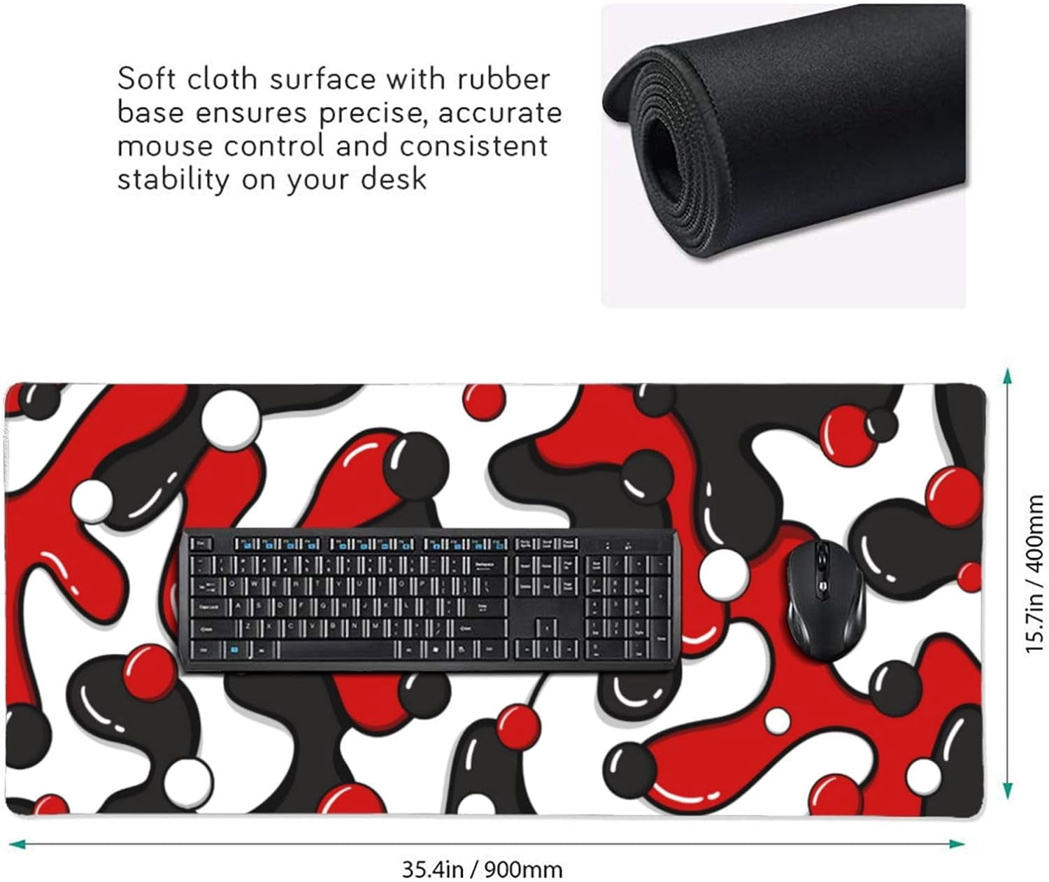 Red Black White Gaming Mouse Pad Desk Pad XXL 35.4×15.7 Inch Japanese Anime Geometric Cool Extended Mousepad 40X90cm with Non-Slip Rubber Base Stitched Edge Large Desk Mat for Gamer Office Home Work