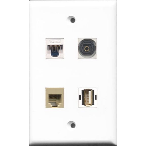 RiteAV 1 Port USB A-A and 1 Port Phone RJ11 RJ12 Beige and 1 Port Toslink and 1 Port Cat5e Ethernet White Wall Plate