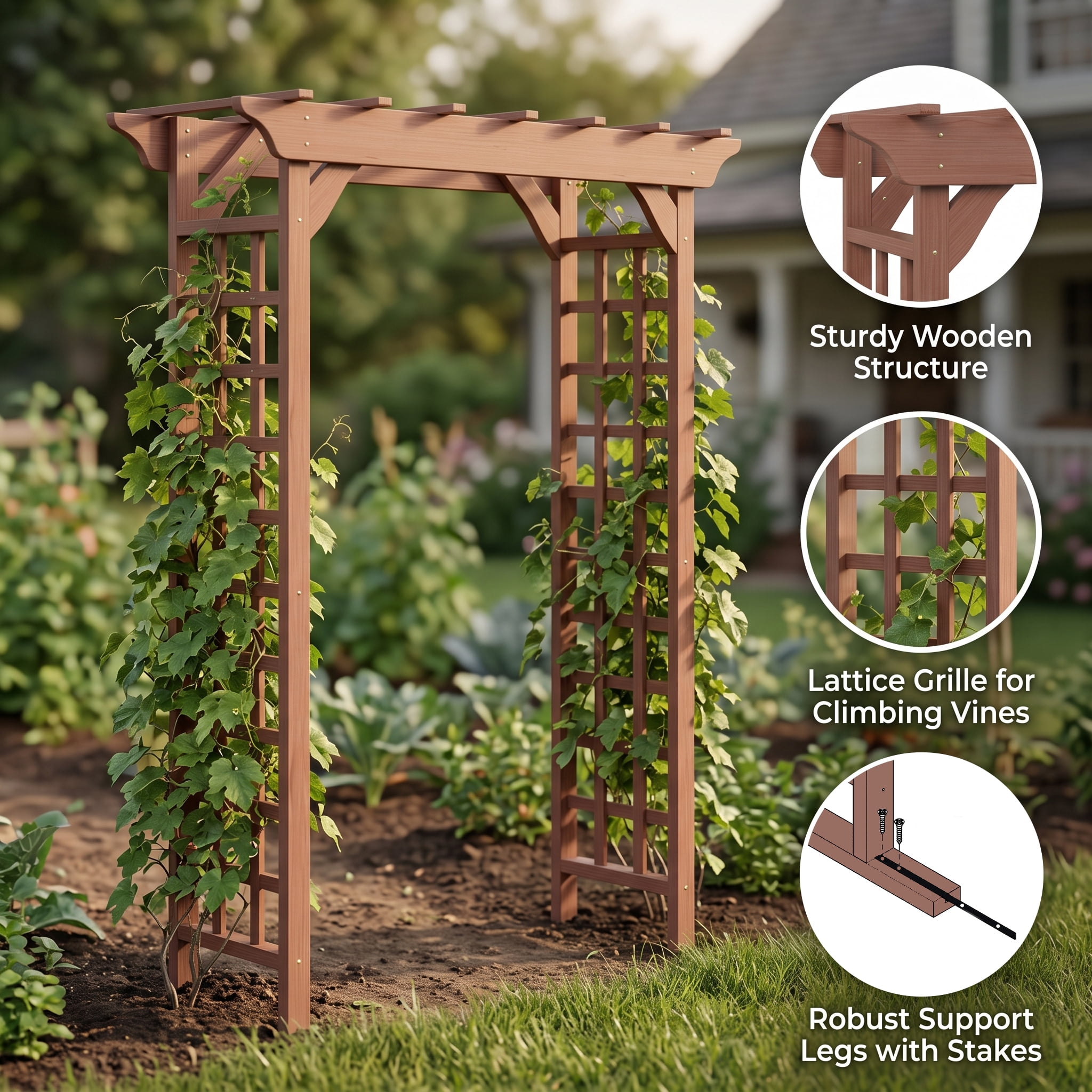 Wooden Garden Arbor with Lattice Trellis Pergola Top Outdoor Wedding Backdrop Plant Climbing Support