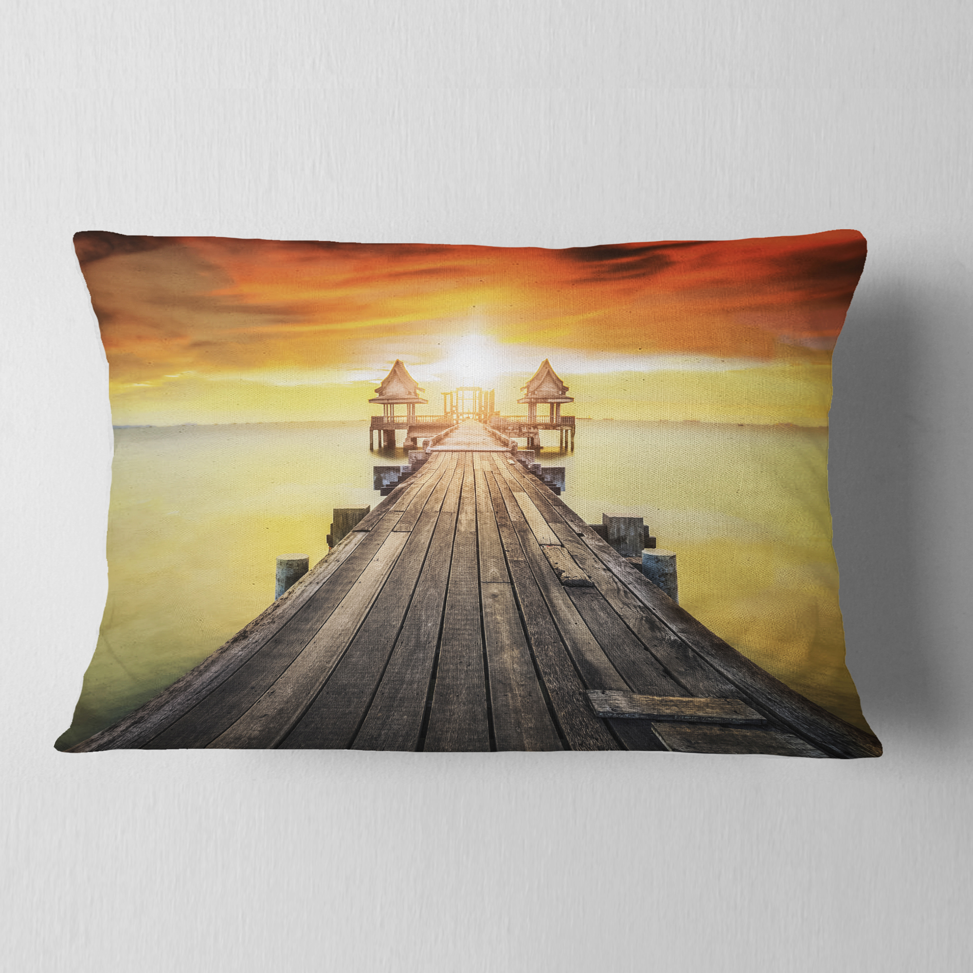Designart Huge Wooden Pier into Yellow Sun - Pier Seascape Throw Pillow - 12x20