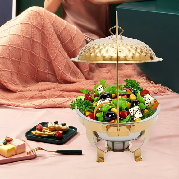 Chafing Dish Buffet Set Gold Accent,4.5L Round Stainless Steel Chafer, Buffet Servers and Warmers Set Warming Tray for Wedding, Parties, Banquet, Events