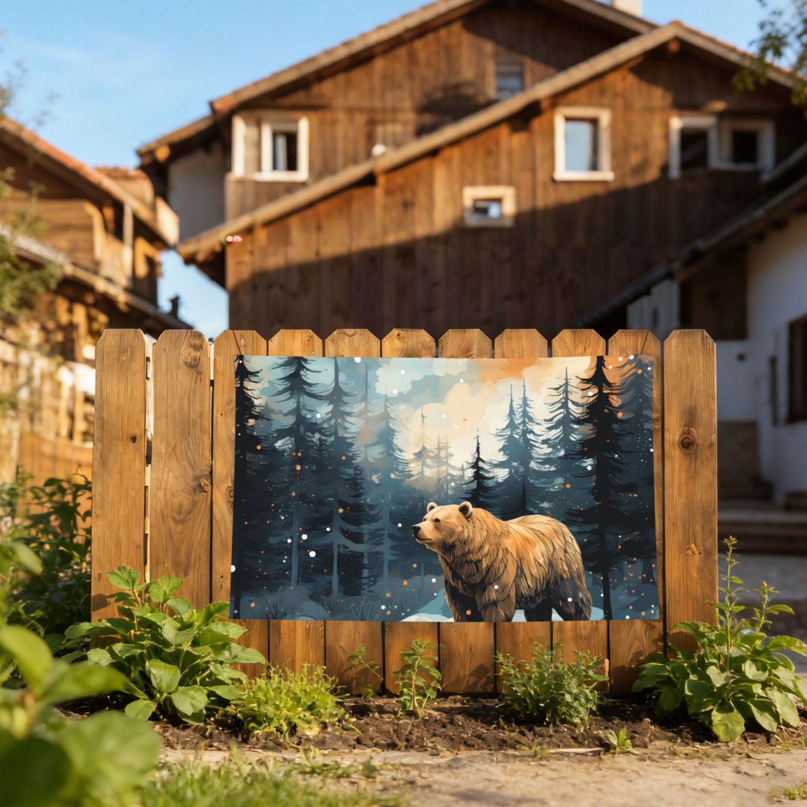 Bear Moose Rustic Wood Four Hole Decorated Banner Flag for Garden Yard Home Decoration Indoor Outdoor 4x6 Ft