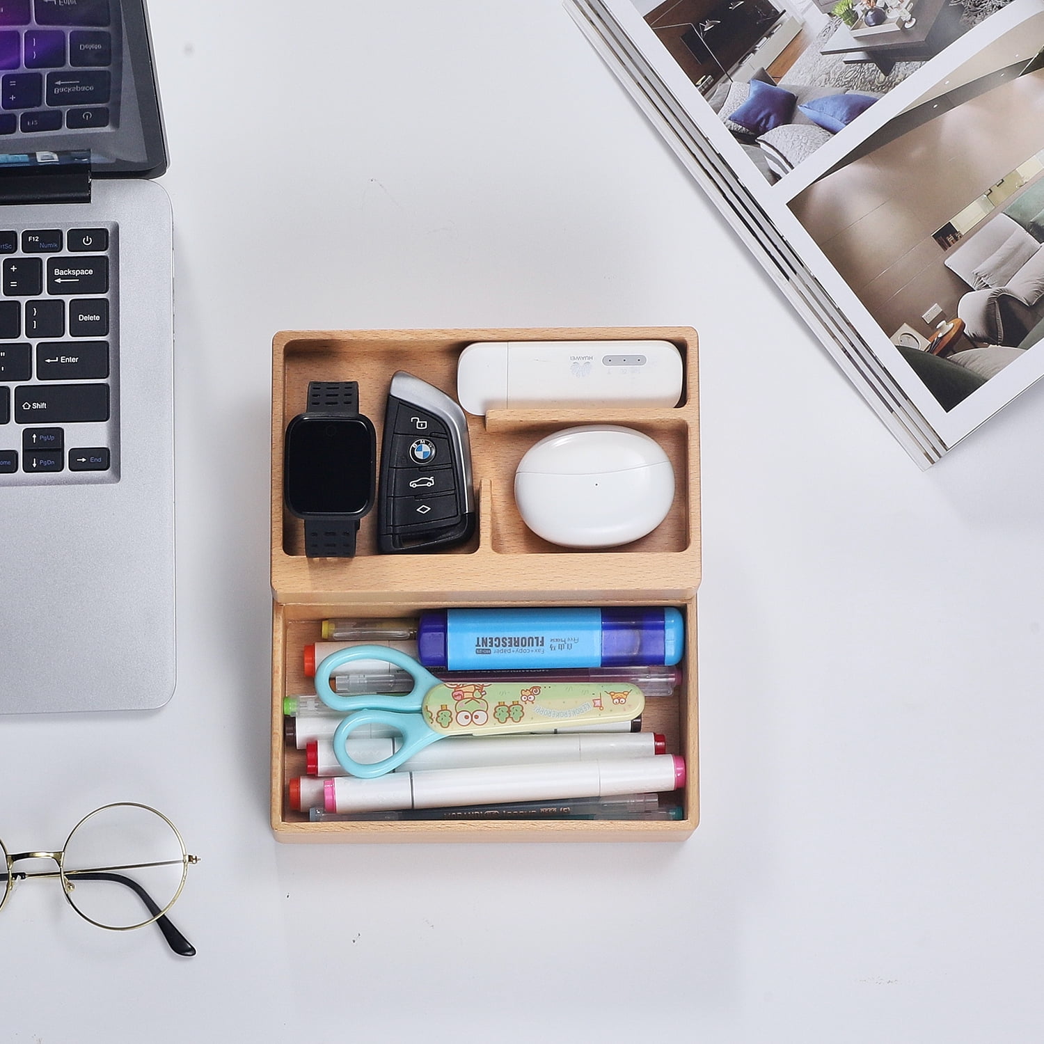 Valet Tray Box, Beech Wooden Storage Box with Magnetic Rotating, Office Desk Daily Supplies Organizer
