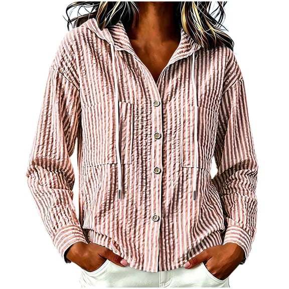 Lenpel Womens Button down Shirts Striped Casual Long Sleeve Hooded Tops with Pockets Fashion Fall Outfits