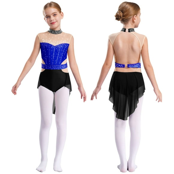 YUUMIN Kids Girls Modern Jazz Latin Dance Costume Lyrical Dancewear Ballroom Ballet Leotard Dress Royal Blue&Black 16