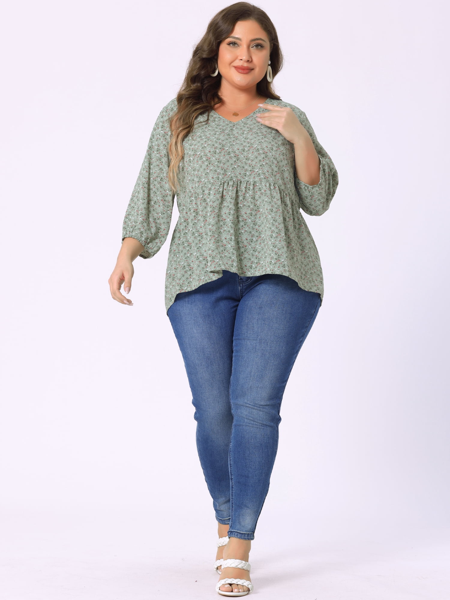 Unique Bargains Women's Plus Size V Neck Flowy 3/4 Sleeve Floral Blouse 1X Green