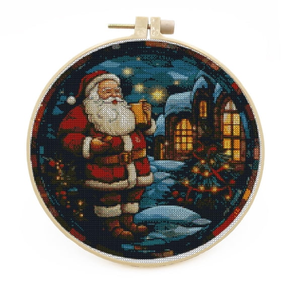 DIY Stamped Cross Stitch Kits with Hoop Stained Glass Santa Claus for Beginners Easy 11CT Needlepoint Embroidery Counted Cross Stitch Kits Art Craft Wall Decoration and Gift 33x33cm
