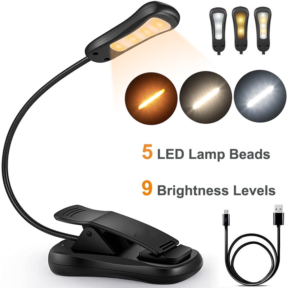 HKEEY Book Light, Rechargeable Reading Light 5 LED Easy Clip on Reading Lamp, 3 Color Temperature, Portable Task Lamp (Black)